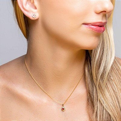 Conjunto princesa florzinha cravação cristal miolo rubi no banho ouro18k