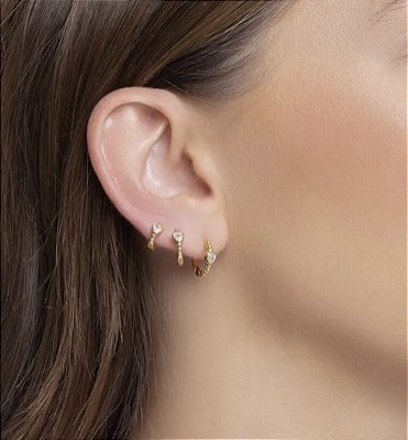 Brinco trio de argolinhas com coração zircônia cristal no banho ouro18k