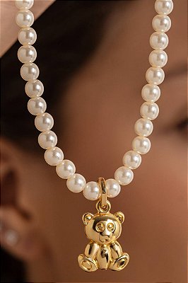 Choker mini pérolas com pingente Ursinhos no banho ouro18k