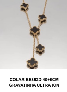 Colar gravatinha trevos pretos no banho ouro18k com ultra Ion