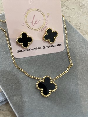 Conjunto trevo preto inspiração joalheria Van Cleef no banho ouro18k