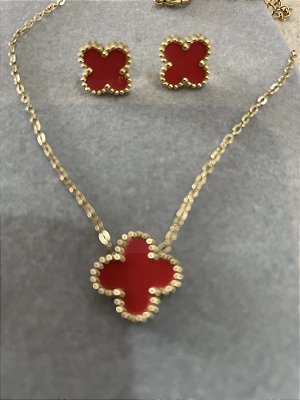 Conjunto trevo rubi inspiração joalheria Van Cleef no banho ouro18k