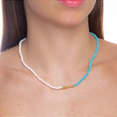 Colar espinélios creme e turquesa e mini bolinhas banho ouro18k