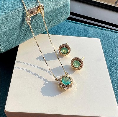 Conjunto pedra Fusion turmalina cravejado zircônia cristal no banho ouro18k