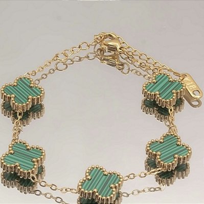 Pulseira 5 trevos verdes inspiração joalheria no banho ouro18k á prova d’água
