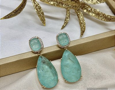 Brinco gota turmalina fusion com cravação zirconias cristal no banho ouro18k