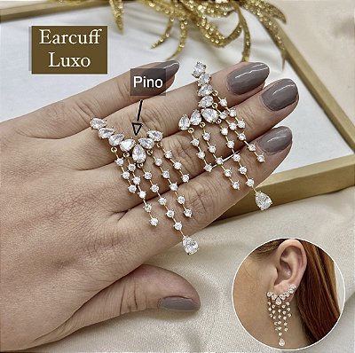 Brinco Earcuff com franja zircônia cristal no banho ouro18k