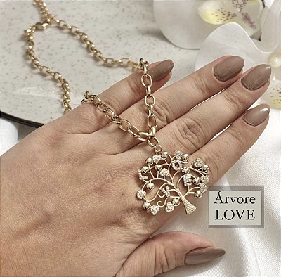 Colar Love Árvore da vida cravejada com micro zirconias cristal no banho ouro18k