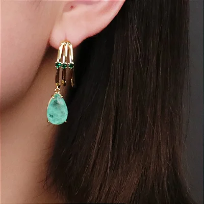 Brinco três aros com pingente gota esmeralda colombiana Fusion no banho ouro18k