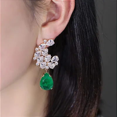 Brinco luxo gota turmalina Fusion com gotinhas zirconias cristal no banho ouro18k