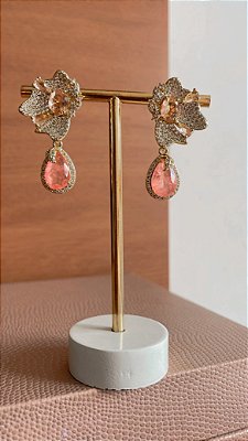 Brinco flor cravejada micro zirconias cristal ependulo gota turmalina rosa Fusion no banho ouro18k