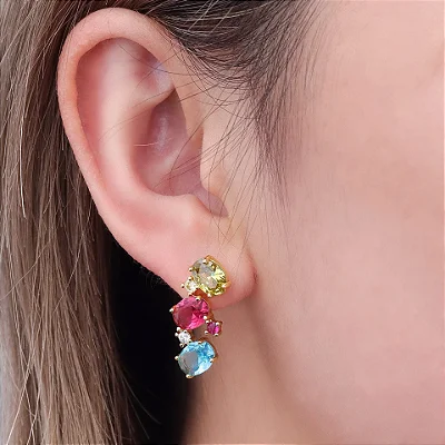 Brinco três zircônia colors no banho ouro18k