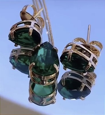 Conjunto gota esmeralda no banho ouro18k