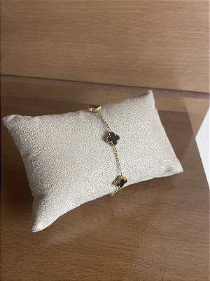 Pulseira 5 mini trevos pretos banho ouro á prova d’água