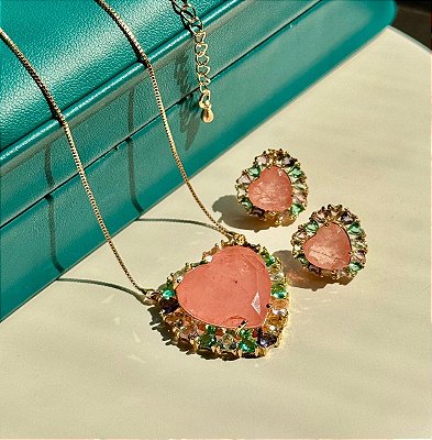 Conjunto coração Fusion cravação zircônia colors no banho ouro18k