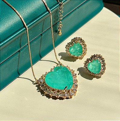 Conjunto coração turmalina Fusion com cravação zircônia cristal no banho ouro18k