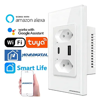 Instalação + Tomada Inteligente Wifi Dupla 20A e 10A Usb + USB-C Compatível Alexa Tuya Smart Life Google Branca