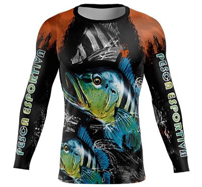 Camisa de Pesca Esportiva Átomo Proteção UV Manga Longa Preto/Laranja Adulto