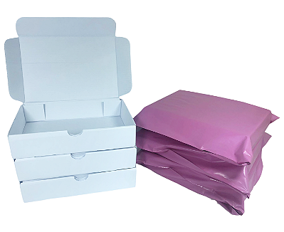 Kit 30 Caixas de Papelão Branco 16x11x3 + 30 Envelopes Rosa Lilás 19x25