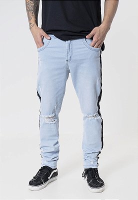 Calça Jeans Skinny Destroyed Azul com Listras