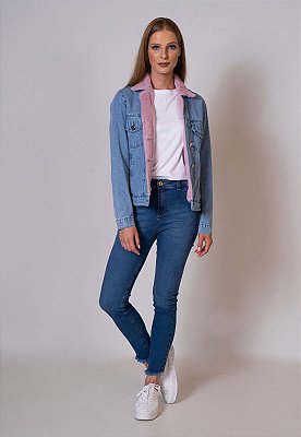 Jaqueta jeans Aero Jeans forrada com pelo rosa
