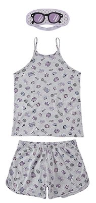 Pijama Regata Curto Cinza Com Máscara Para Dormir - Malwee Liberta