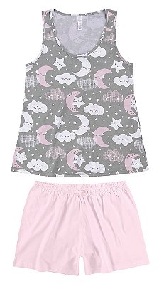 Pijama Regata Lua Nuvens Cinza e Rosa Algodão - Malwee Liberta