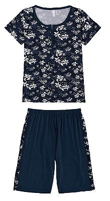 Pijama Floral curto azul marinho com botões - Malwee