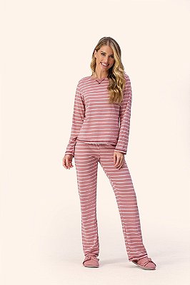 Pijama longo feminino simpatia listrado rosa - Lua Encantada