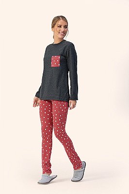 Pijama longo feminino afetos reais com legging de cotton e blusa mescla grafite - Lua Encantada