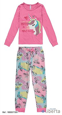 Pijama infantil menina longo Unicornio Rosa com calça estampa - Malwee