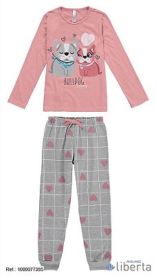Pijama infantil menina longo Rosa Bulldog com calça xadrez cinza - Malwee