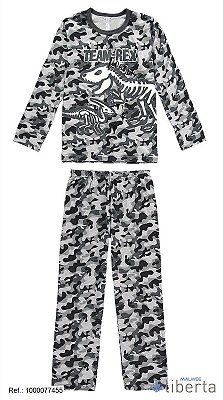 Pijama longo infantil camuflado cinza com estampa de dinossauro - Malwee