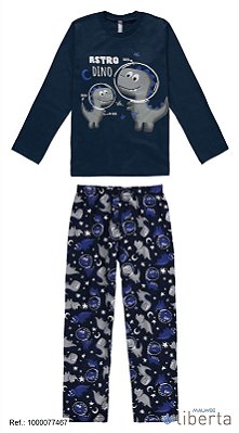 Pijama longo infantil menino azul com estampa dino astro e calça azul estampada - Malwee