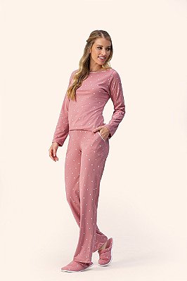 Pijama Longo Feminino rosa poá corações com bolso - Lua Encantada