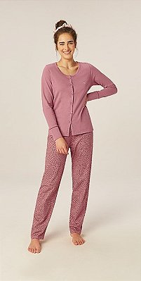 Pijama Feminino Manga Longa Rosa com botão - Malwee Liberta