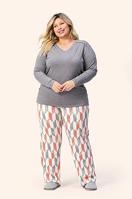 Pijama feminino manga longa mescla com calça estampada Plus Size - Lua Encantada