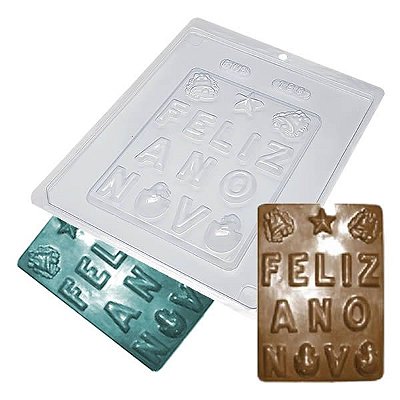 Forma para Chocolate Placa Feliz Ano Novo 143g Forma Simples Ref. 188 BWB 5unids
