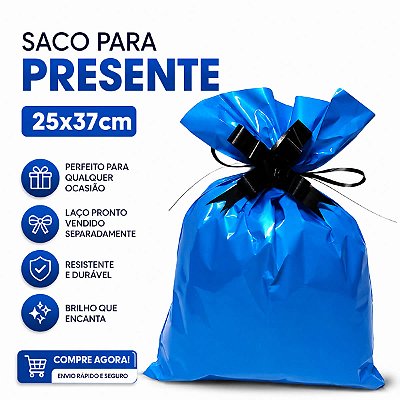 KIT 10 Saco de Presente Liso Azul Metalizado (25x37cm) Lembrancinhas Festas