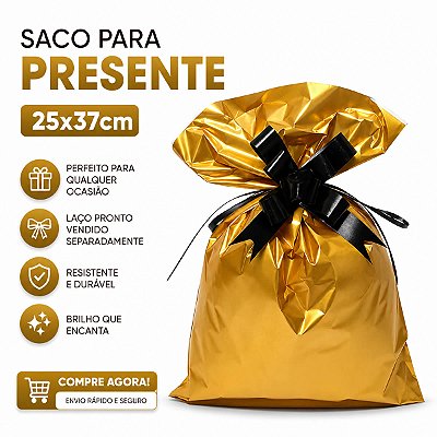 KIT 10 Saco de Presente Liso Ouro Metalizado (25x37cm) Lembrancinhas Festas