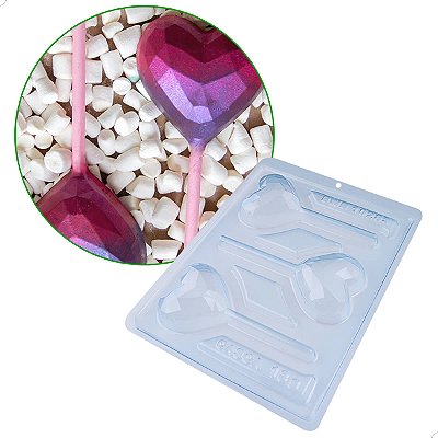 KIT (2un) Forma de Acetato para Chocolate com Silicone Pirulito Coração Lapidado 62g cod 10283 BWB