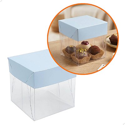 Caixa de Acetato com Base AZUL CLARO Lisa (6x6x6cm) (25un) Embalagem de Plástico Transparente
