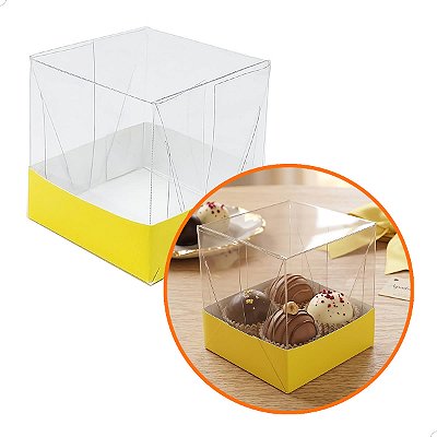 Caixa de Acetato com Base AMARELA Lisa (6x6x6cm) (25un) Embalagem de Plástico Transparente
