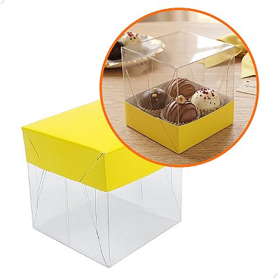 Caixa de Acetato com Base AMARELA Lisa (6x6x6cm) Kit 100un Embalagem de Plástico Transparente
