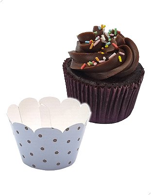 Saia para Cupcake Grande Wrapper Poá Bolinhas Azul/Marrom (7.5x5x4.5) (48un) Papel Cartão 250g com Plastificação