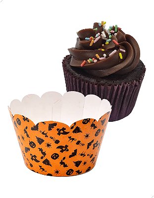 Saia Babado para Cupcake Grande Wrapper Halloween Laranja 48un Noite do Terror Bruxas Sexta Feira 13 Outubro