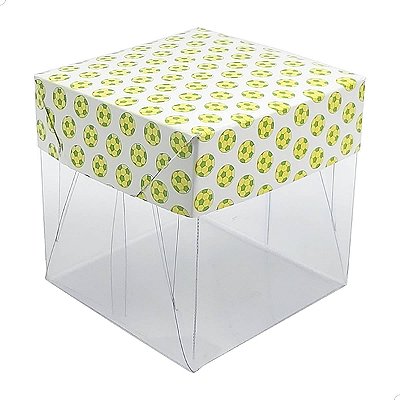 Caixa de Acetato com Base Estampa Futebol Brasil (6x6x6cm) Kit 25un Embalagem de Plástico Transparente