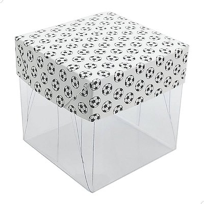 Caixa de Acetato com Base Estampa Futebol (6x6x6cm) Kit 100un Embalagem de Plástico Transparente