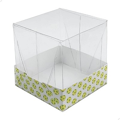 Caixa de Acetato com Base Estampa Futebol Brasil (5x5x5cm) Kit 50un Embalagem de Plástico Transparente