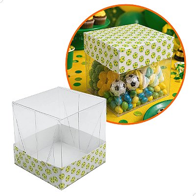 Caixa de Acetato com Base Estampa Futebol Brasil (5x5x5cm) Kit 100un Embalagem de Plástico Transparente
